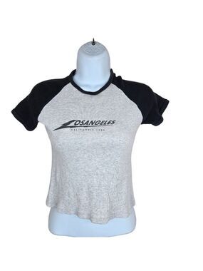 J Galt Retro Los Angeles Raglan Crop Babydoll TShirt Black Gray Ribbed Short Sle